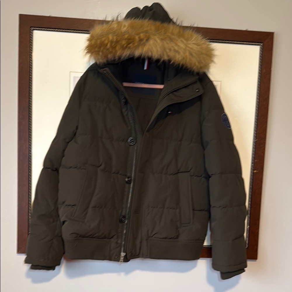 Tommy Hilfiger Olive Green Puffer Jacket with Faux Fur Hood